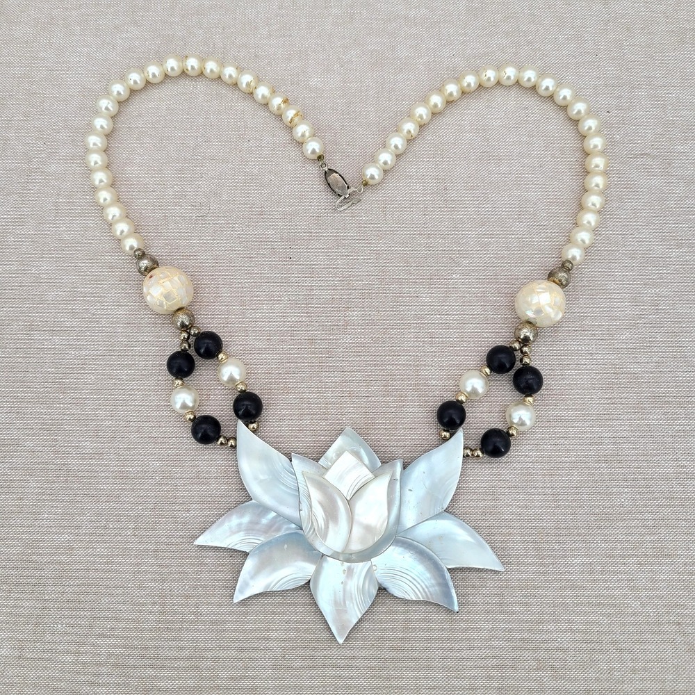 Iridescent White Flower Statement Necklace Pearl & Black Beads Large Pendant